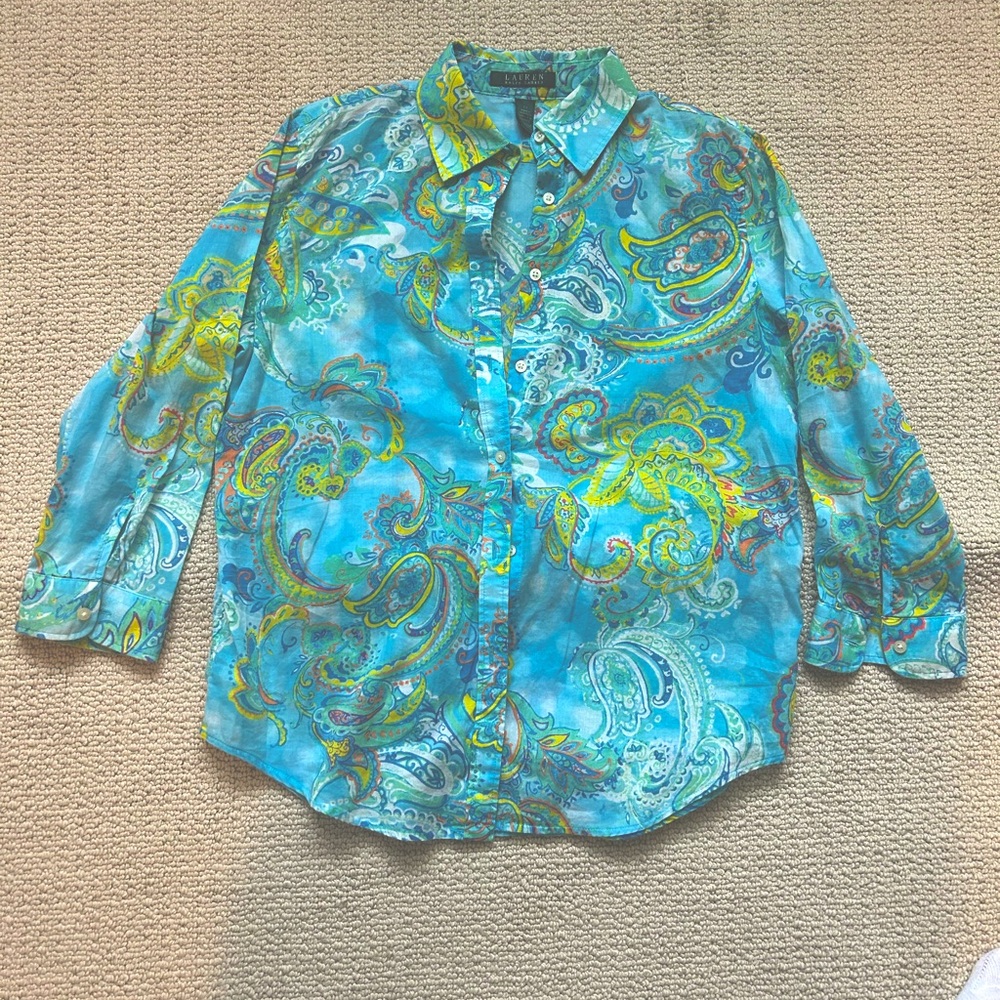 Ralph Lauren paisley button down light weight shirt with 3/4 sleeves.